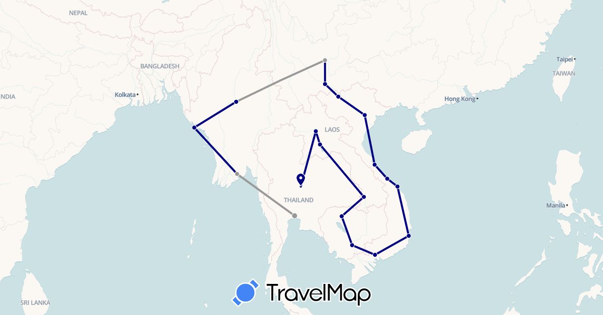 TravelMap itinerary: driving, plane in China, Cambodia, Laos, Myanmar (Burma), Thailand, Vietnam (Asia)